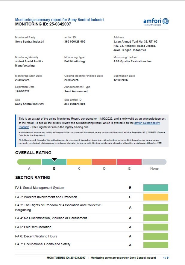 amfori BSCI monitoring summary for Sony Sentral Industri, overall rating B, expires 12 September 2027