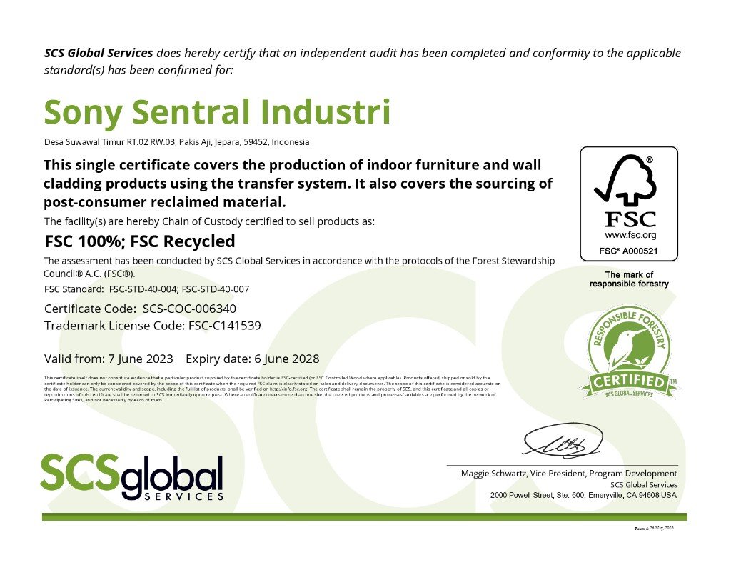 FSC Chain of Custody certificate SCS-COC-006340, licence FSC-C141539, Sony Sentral Industri