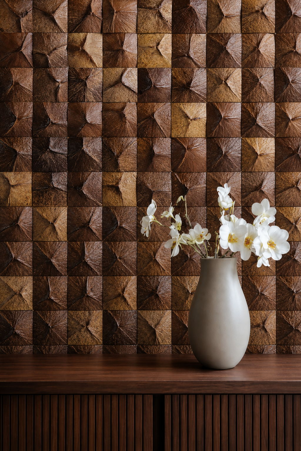 Star Coconut Shell mosaic wall panel in interior setting