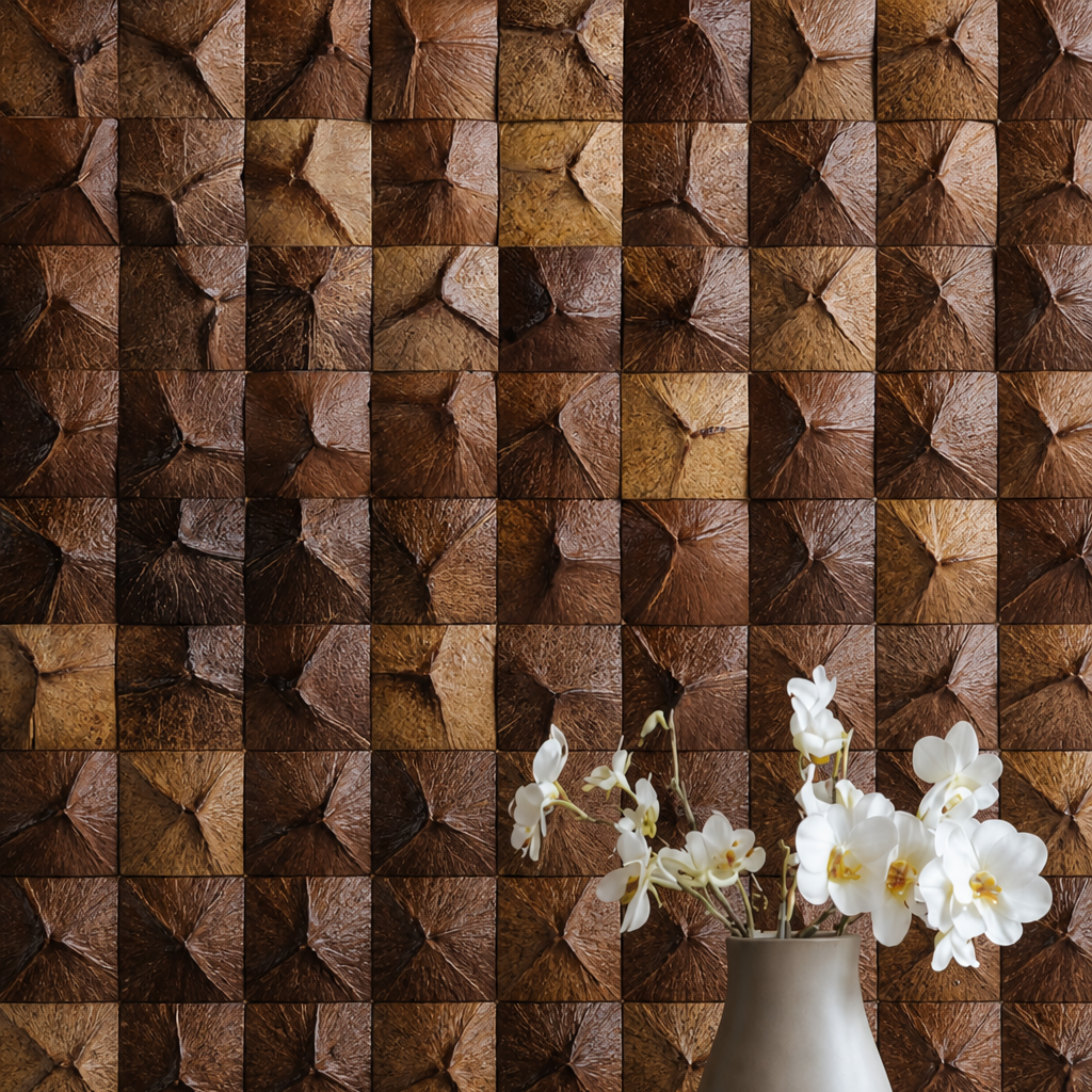 Star Coconut Shell mosaic wall panel in interior setting