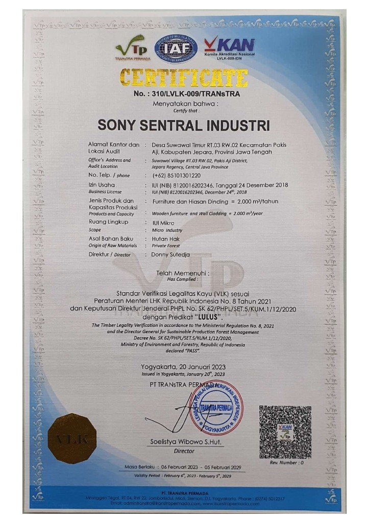 SVLK timber legality certificate 310/LVLK-009/TRANsTRA for Sony Sentral Industri