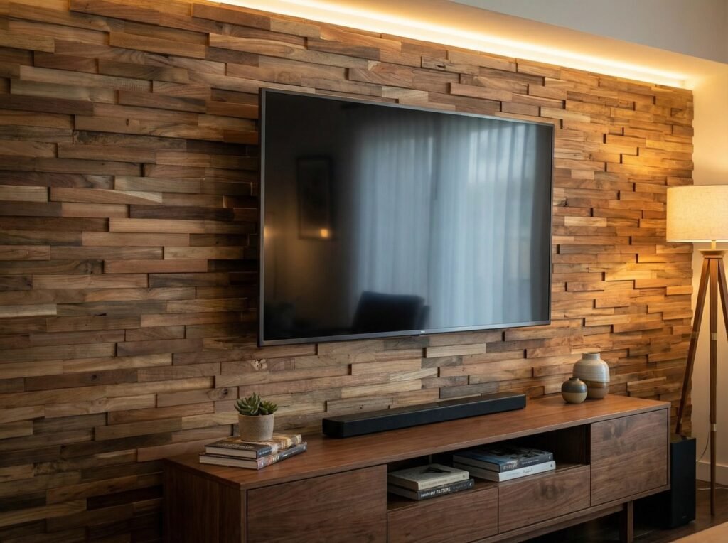 Teak Interlock reclaimed teak wall cladding installed behind TV